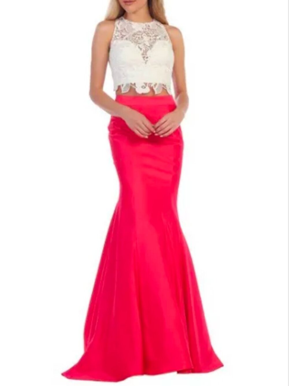 Let’s Fashion 2 Piece Lace Crop Top Satin Prom Gown M